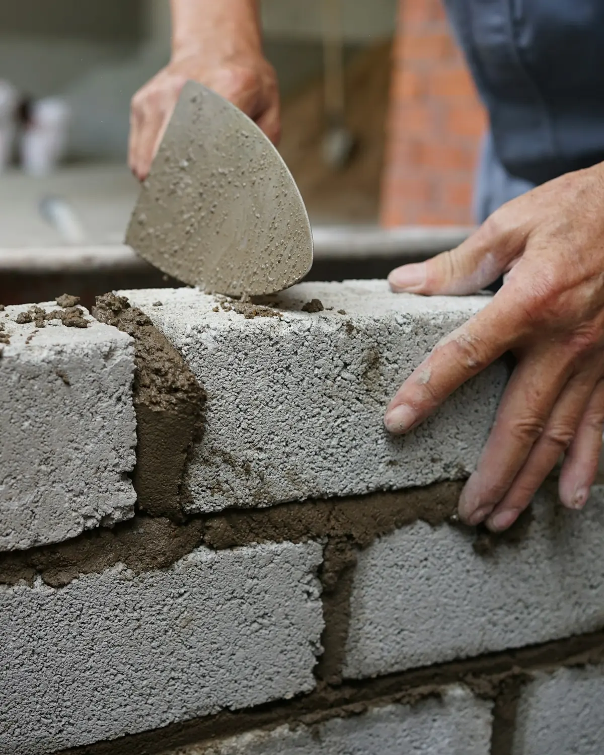 Hands laying concrete blocks with a trowel.