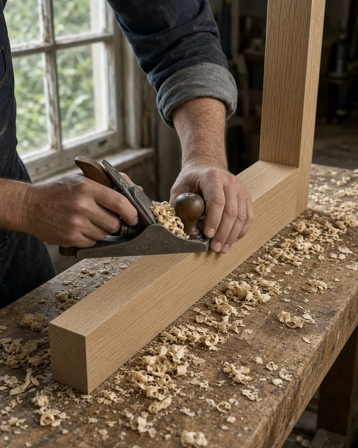 Hands planing a timber frame on a workbench.