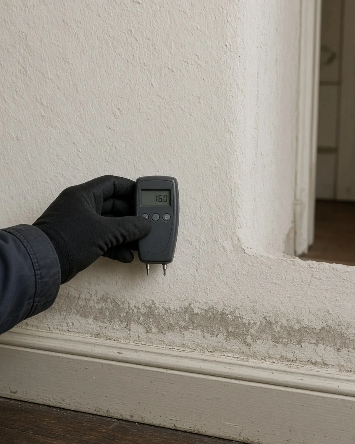 A gloved hand holding a moisture meter against a wall with a tide mark.