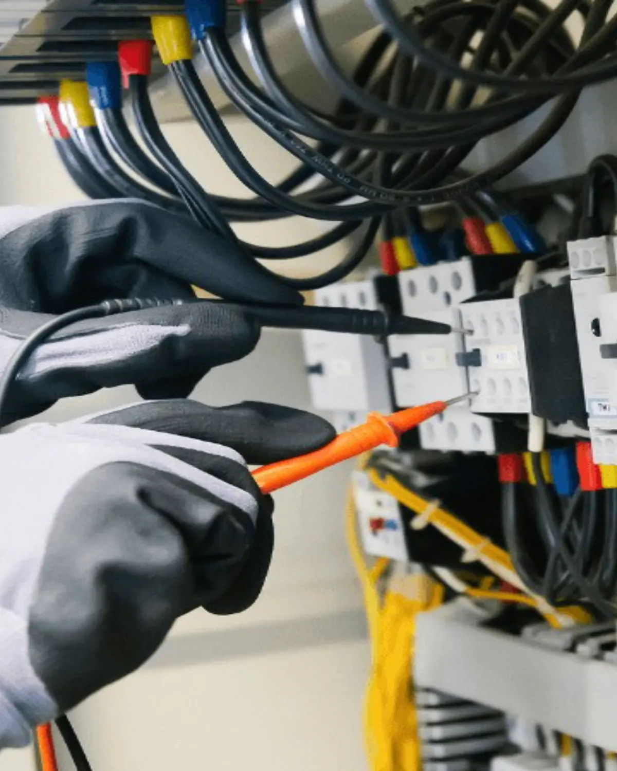 Gloved hands testing breakers in a consumer unit.