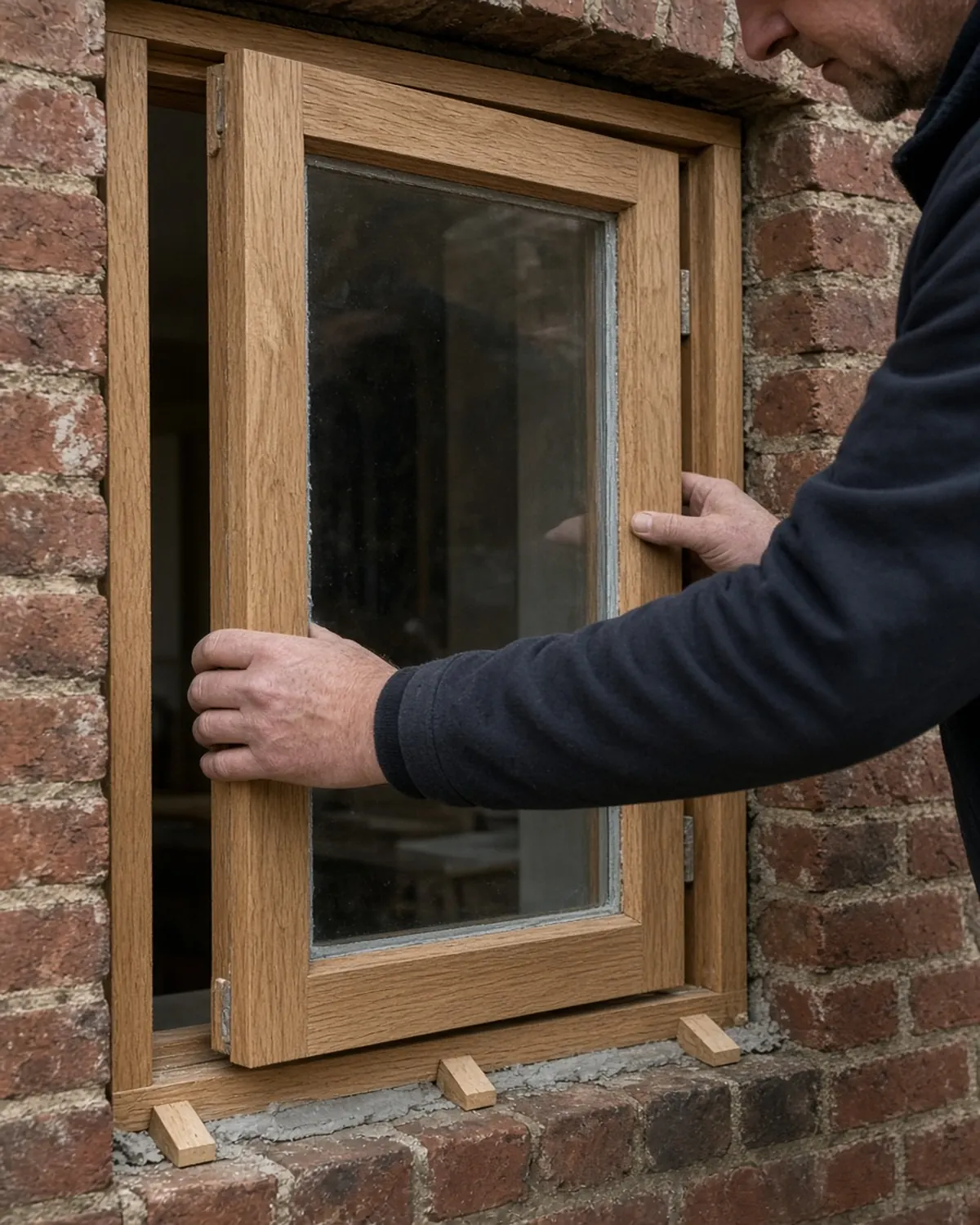Hands fitting an oak casement window into a brick opening.