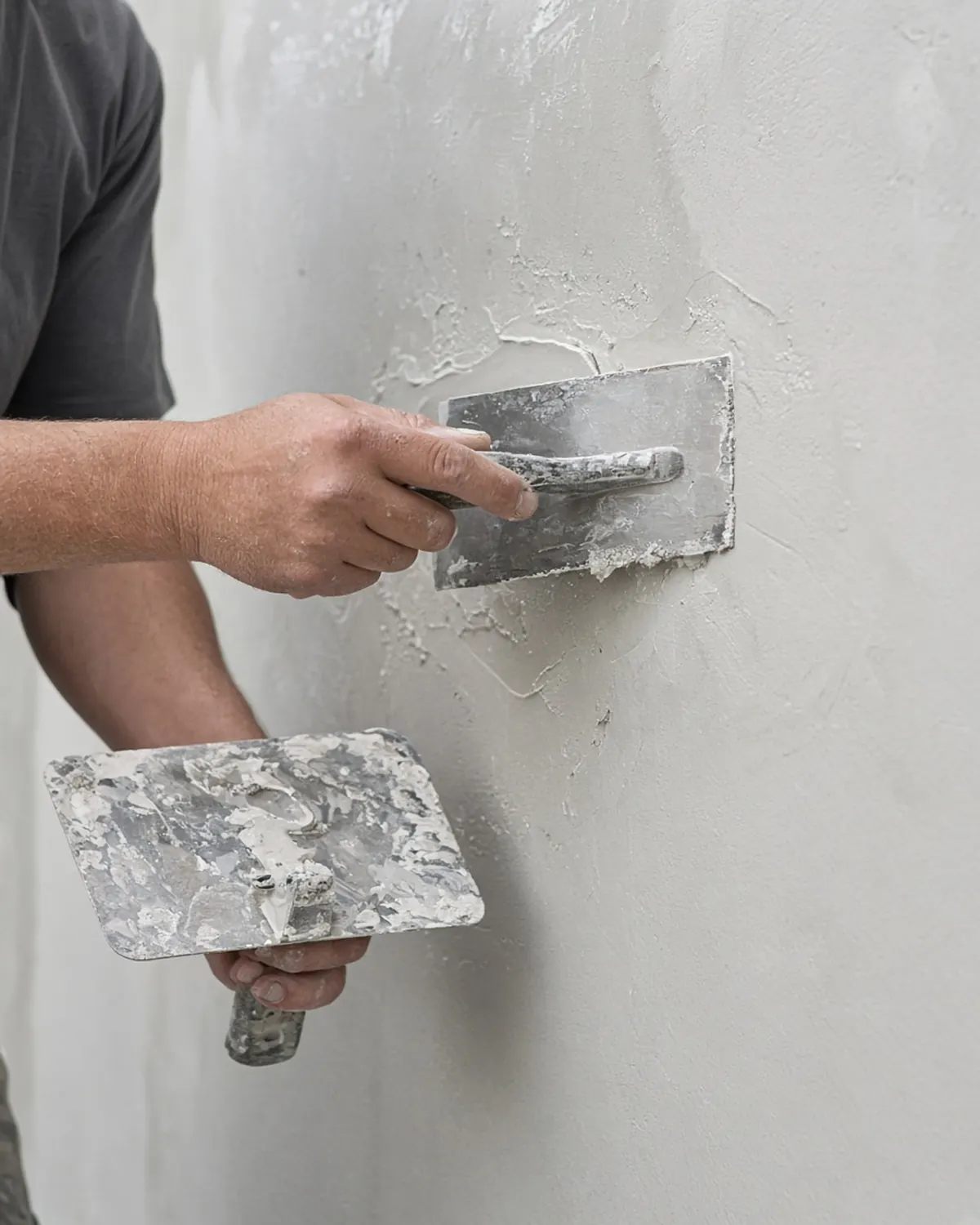 A trowel and hawk skimming wet plaster onto a wall.