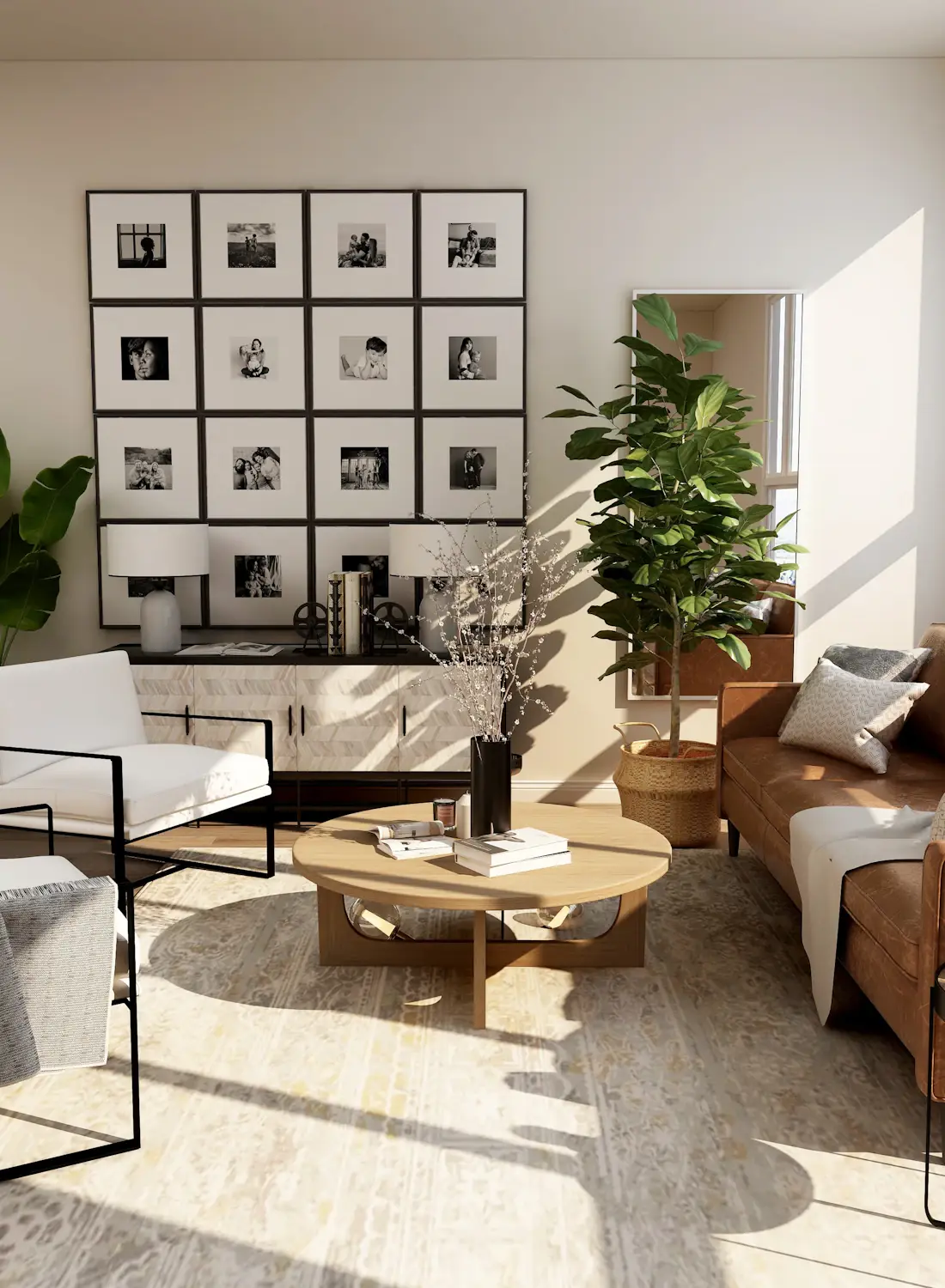 A living room in daylight, with chairs, a sofa and a wall of photographs.